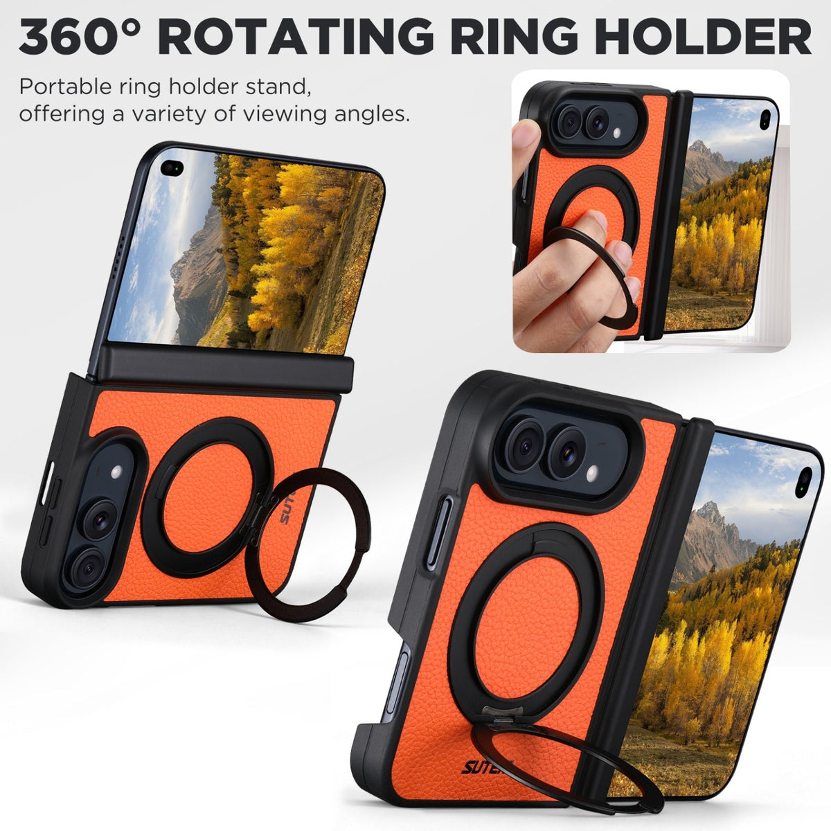 iPhone Duo | Pebbled Magnetic Leather Case with Hinge Protection & 360?? Ring Stand