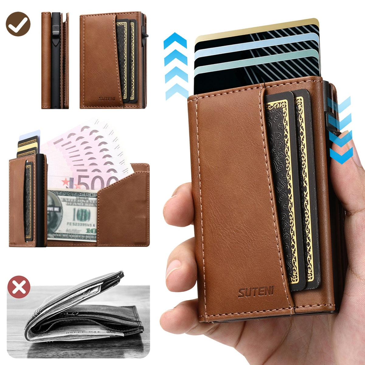 Faux Leather Pop-Up Card Wallet with RFID Blocking & Cash Pocket & Push-Button Pop-Up