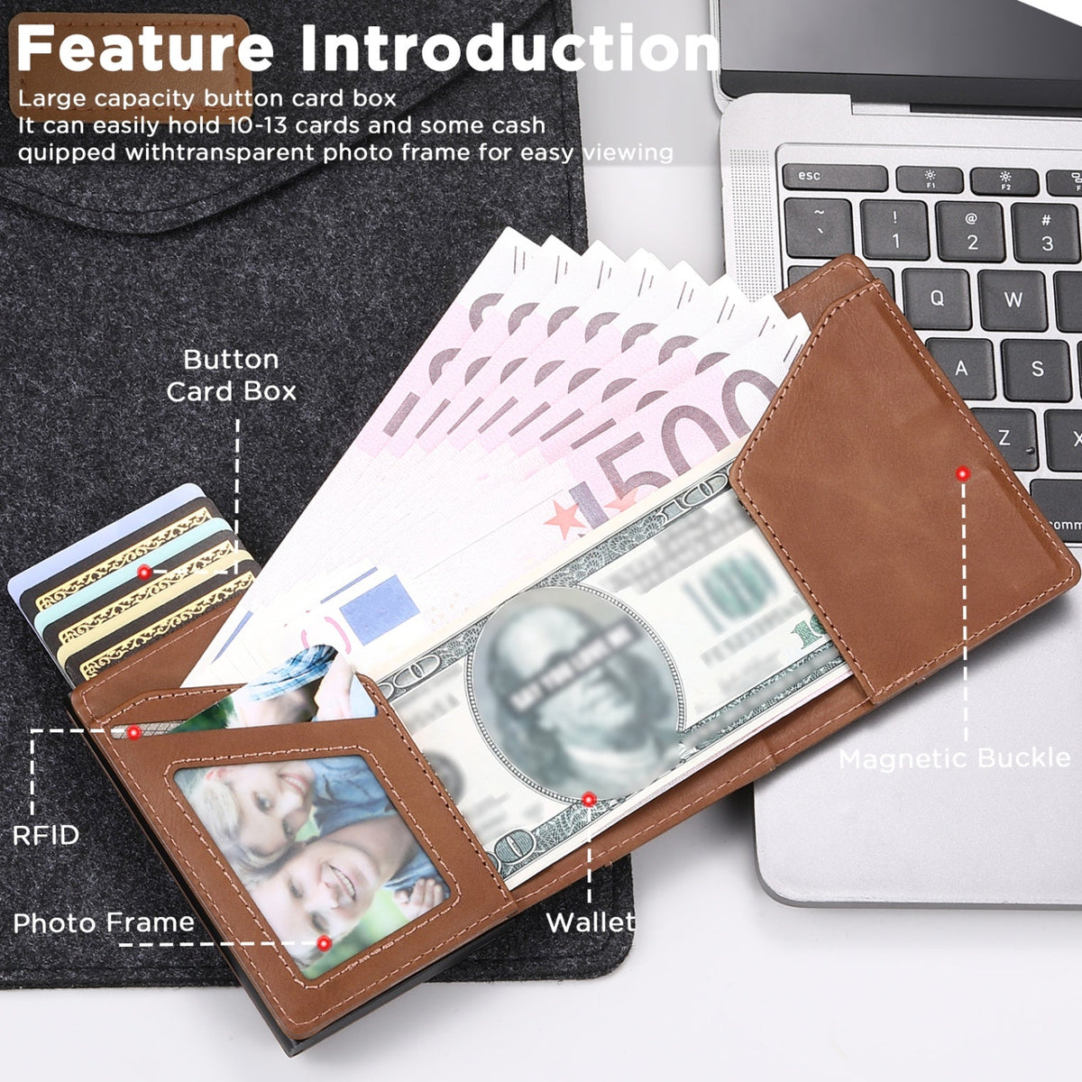 Faux Leather Pop-Up Card Wallet with RFID Blocking & Cash Pocket & Push-Button Pop-Up
