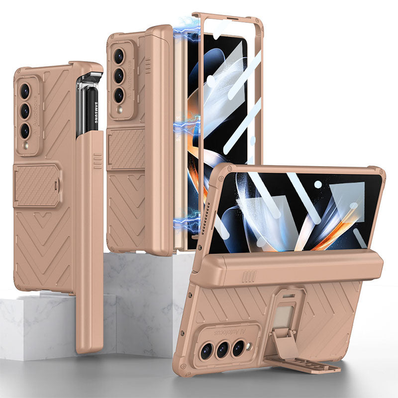 Magnetic Armor All-included Slide Pen Case With Back Screen Glass Hinge Holder Phone Cover For Samsung Galaxy Z Fold3 Fold4 Fold5 - Mycasety Mycasety
