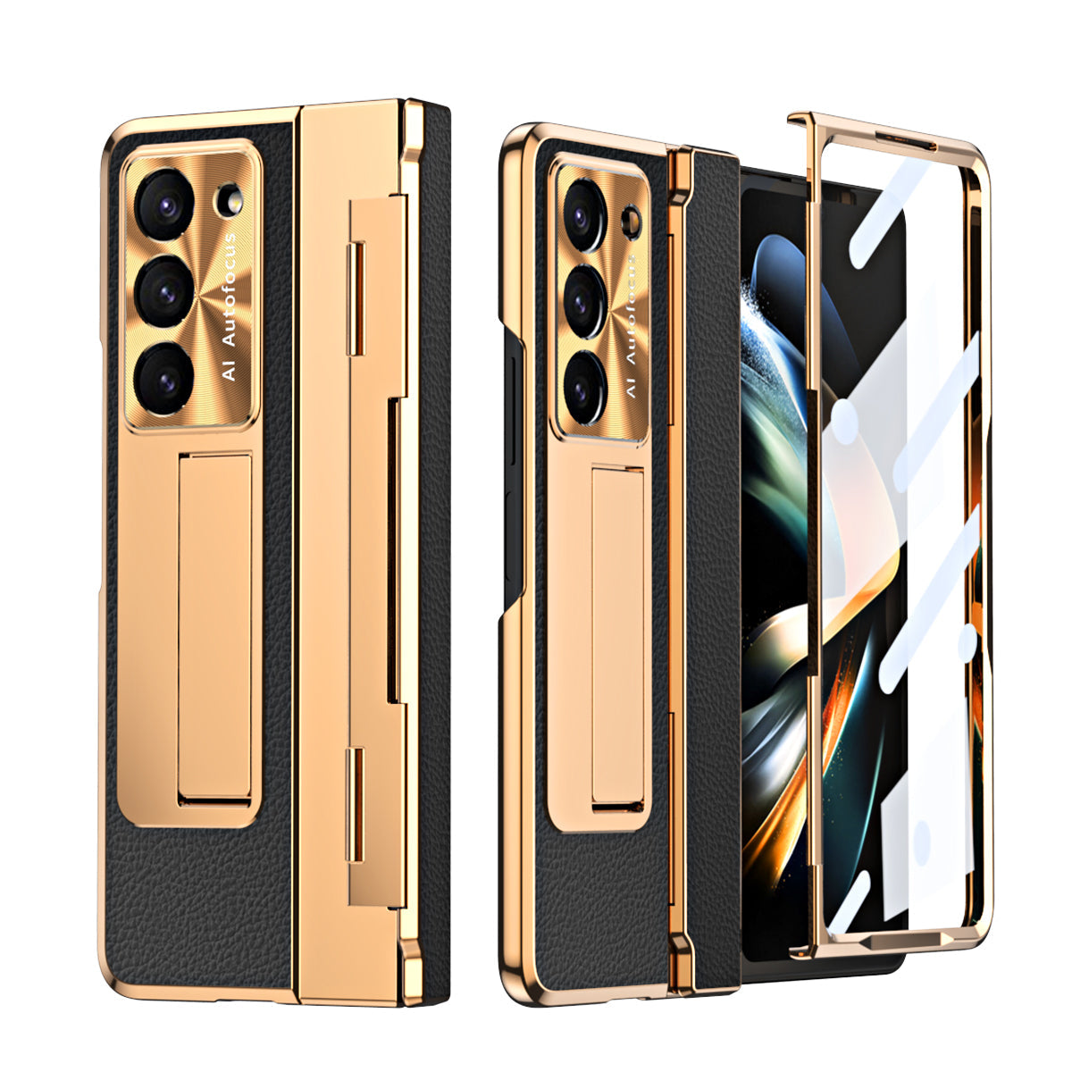 Luxury Leather Magnetic Bracket Shell Electroplated Phone Case For Samsung Galaxy Z Fold3/4/5 With Back Screen Glass - mycasety2023 Mycasety