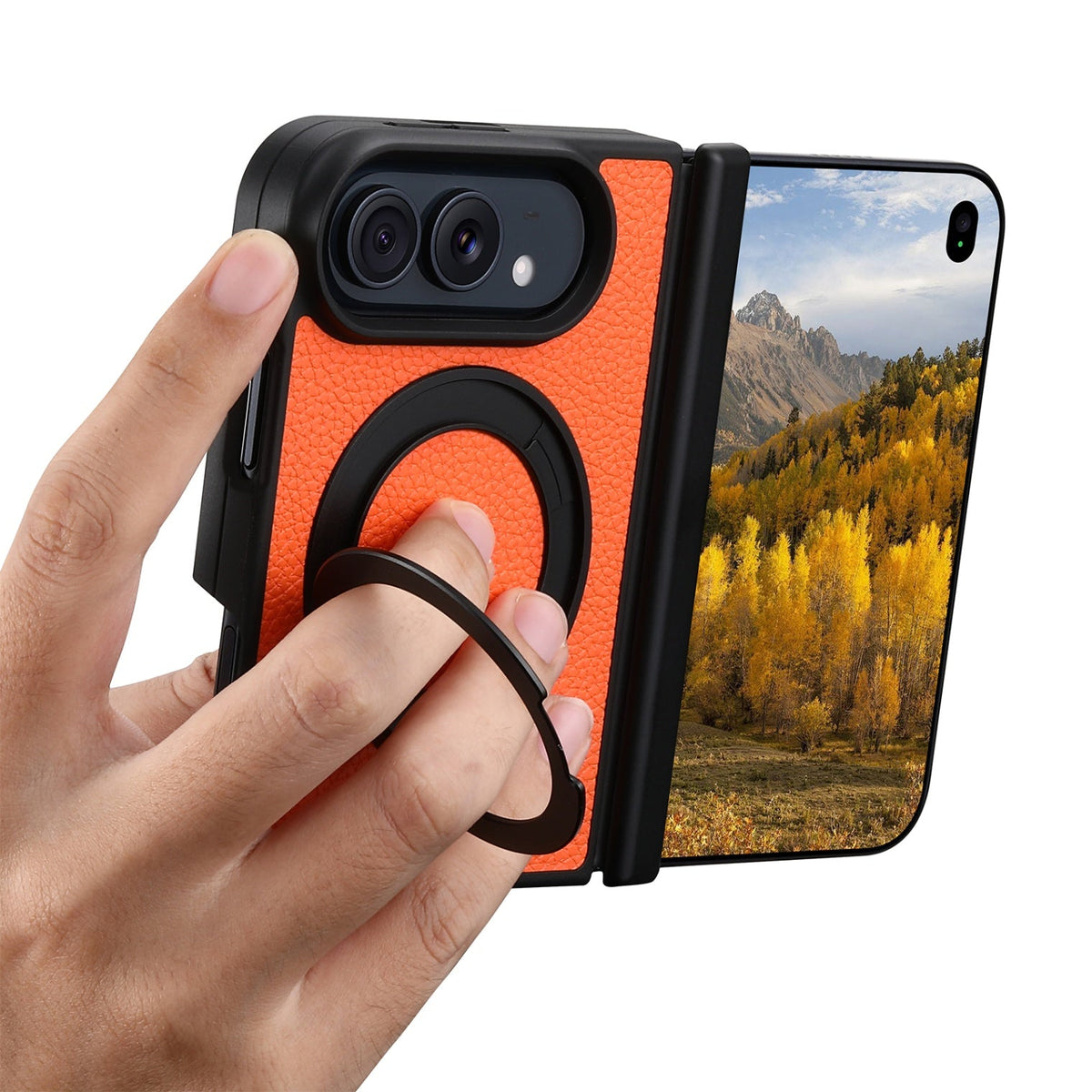 iPhone Duo | Pebbled Magnetic Leather Case with Hinge Protection & 360?? Ring Stand