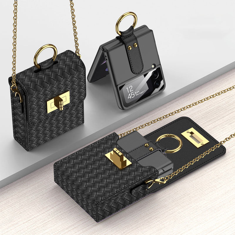 Luxury Leather Mini Phone Bag with Gold Chain For Samsung Galaxy Z Flip 3/4/5