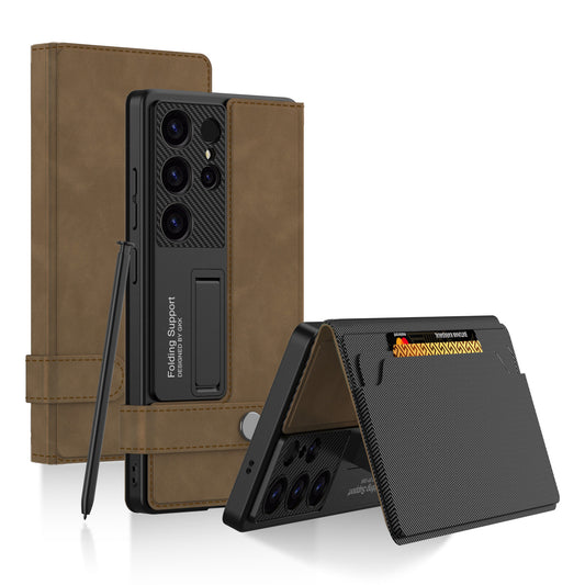 Leather Wallet Case with Magnetic Buckle Strap for Galaxy S23 Ultra
