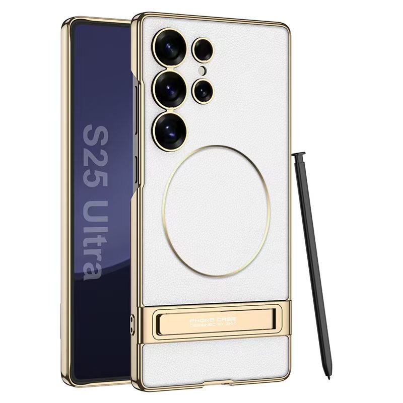 Magnetic Electroplated Leather Stand Case for Galaxy S25 Ultra