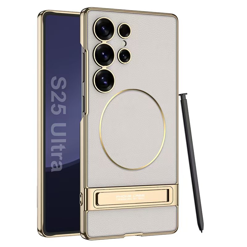 Magnetic Electroplated Leather Stand Case for Galaxy S23 Ultra