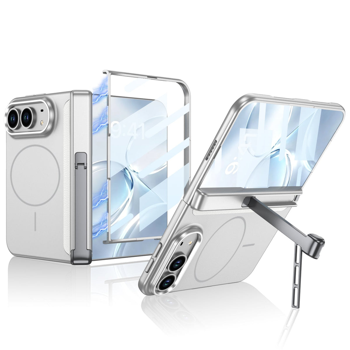 iPhone Duo - Magnetic Hinge Protection Business Cover Built-in Tempered Glass Film & Tri?Fold Kickstand & Magnetic Ring