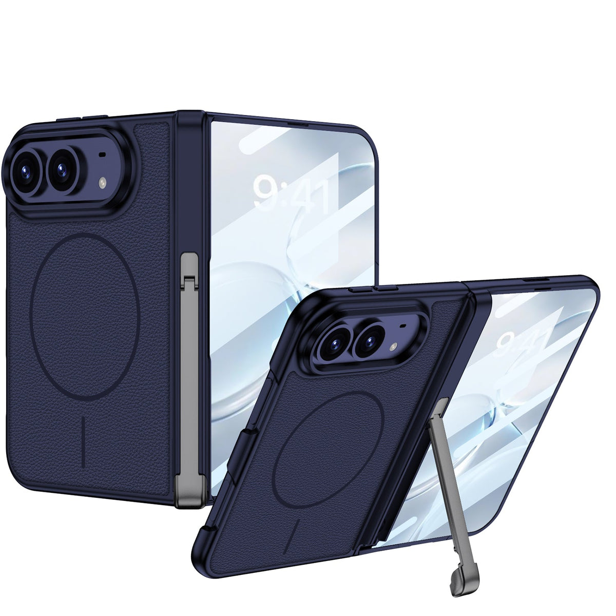 iPhone Duo - Magnetic Hinge Protection Leather Cover Built-in Tempered Glass Film & Tri?Fold Kickstand & Magnetic Ring