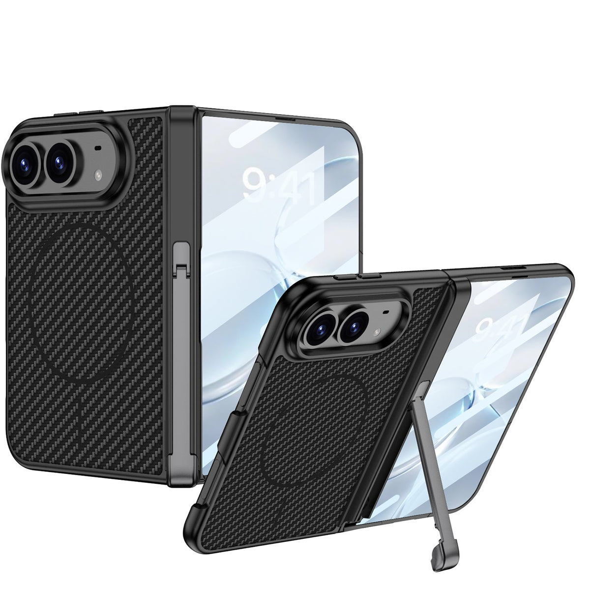 iPhone Duo - Magnetic Hinge Protection Leather Cover Built-in Tempered Glass Film & Tri?Fold Kickstand & Magnetic Ring