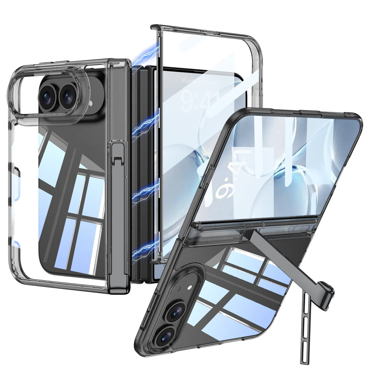iPhone Duo - Magnetic Hinge Protection Clear Cover Built-in Tempered Glass Film & Tri?Fold Kickstand