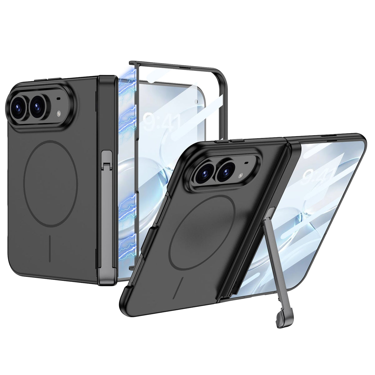 iPhone Duo - Magnetic Hinge Protection Fashion Cover Built-in Tempered Glass Film & Tri?Fold Kickstand & Magnetic Ring