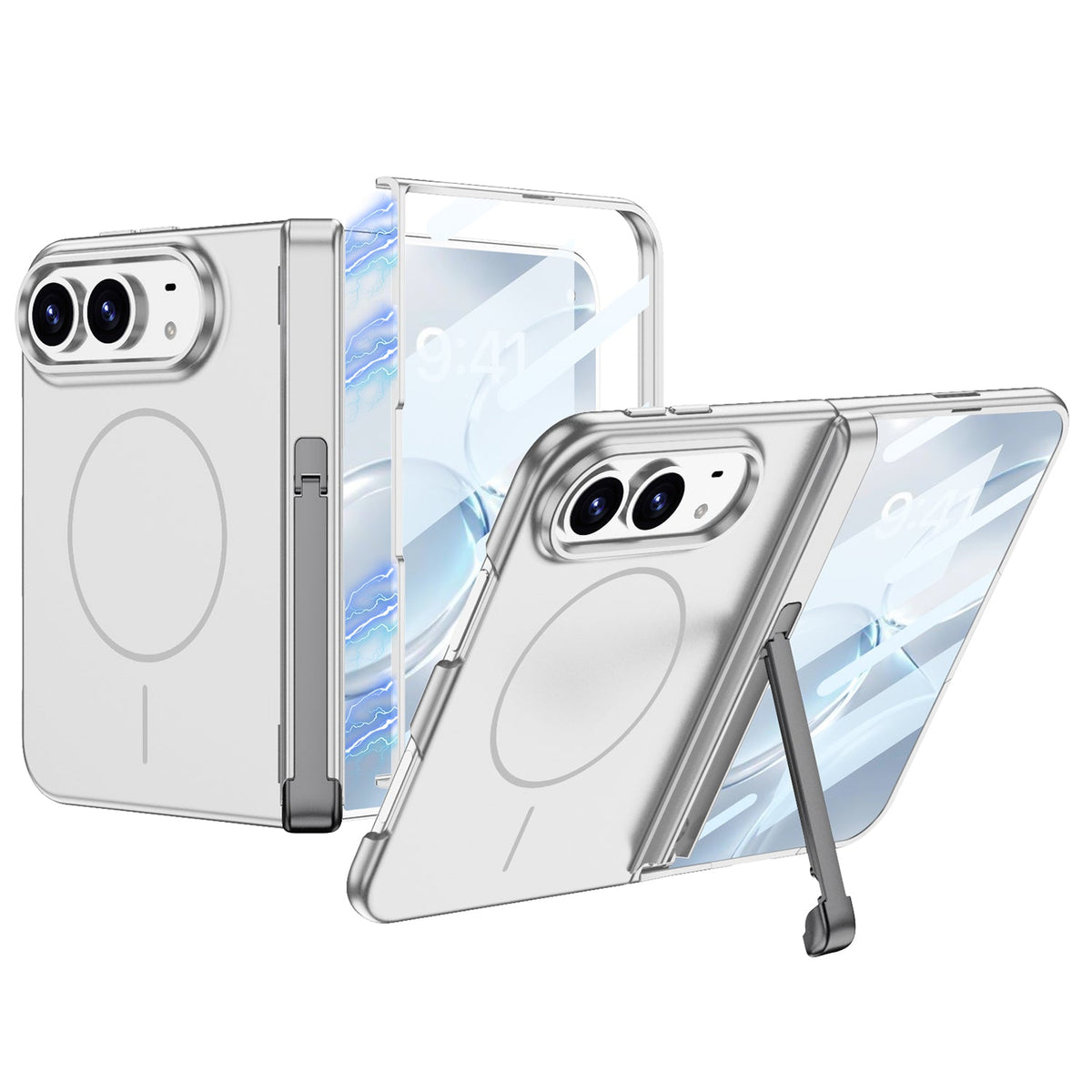 iPhone Duo - Magnetic Hinge Protection Fashion Cover Built-in Tempered Glass Film & Tri?Fold Kickstand & Magnetic Ring