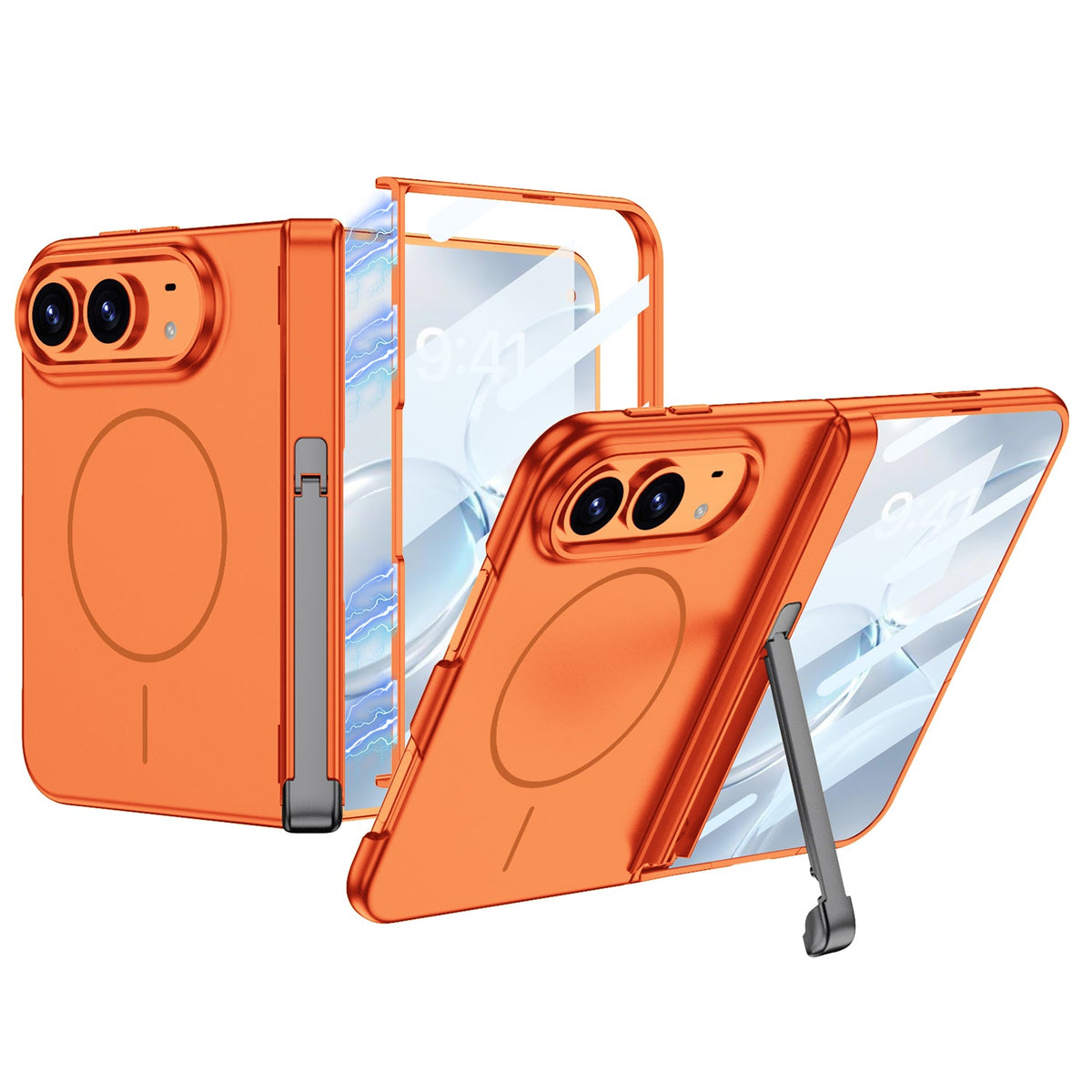 iPhone Duo - Magnetic Hinge Protection Fashion Cover Built-in Tempered Glass Film & Tri?Fold Kickstand & Magnetic Ring