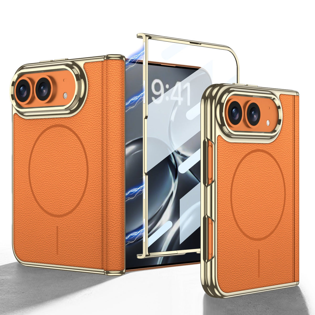 iPhone Duo - Golden Plating Leather Cover Built-in Tempered Glass Screen & Magnetic Coil