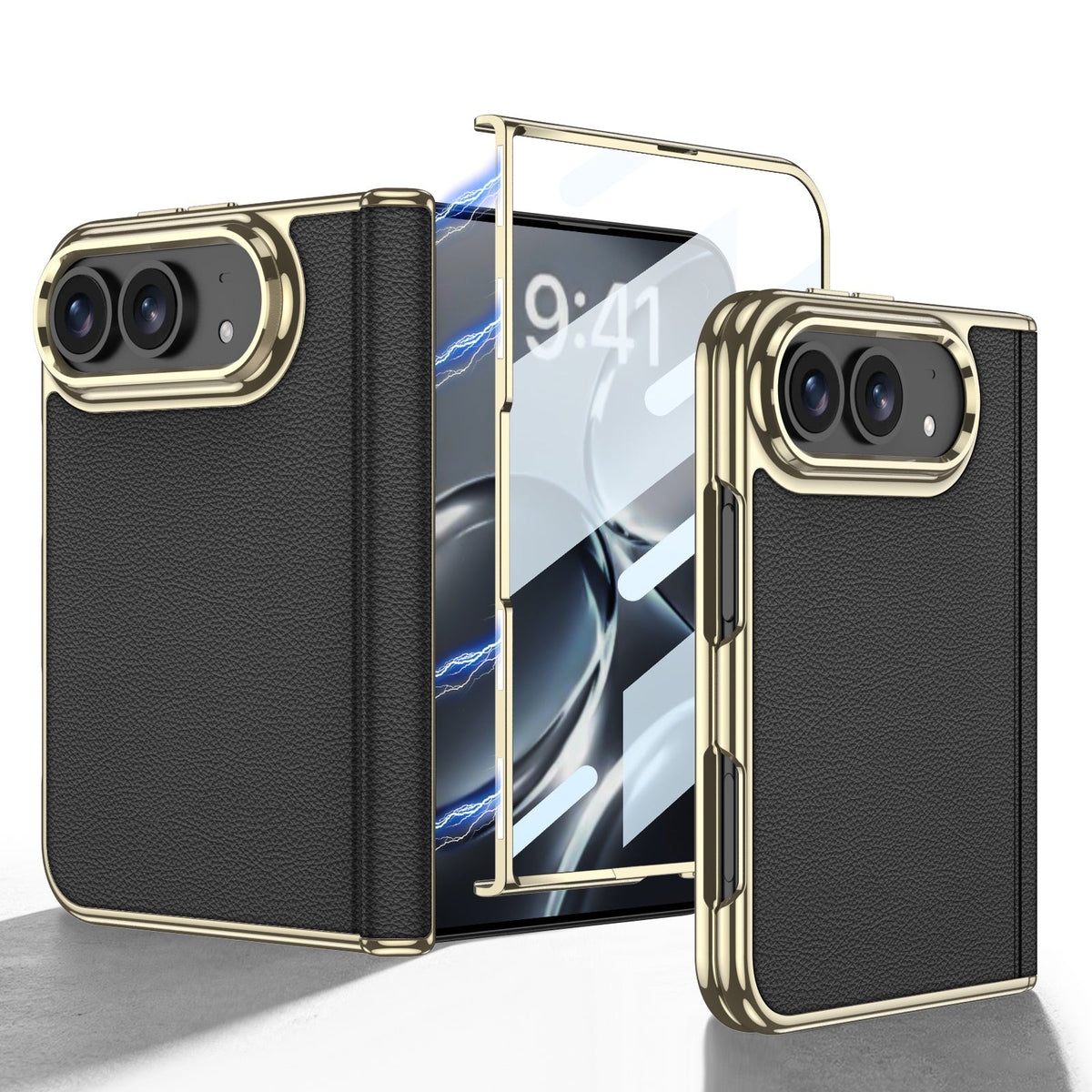iPhone Duo  - Golden Plating Leather Cover Built-in Tempered Glass Screen