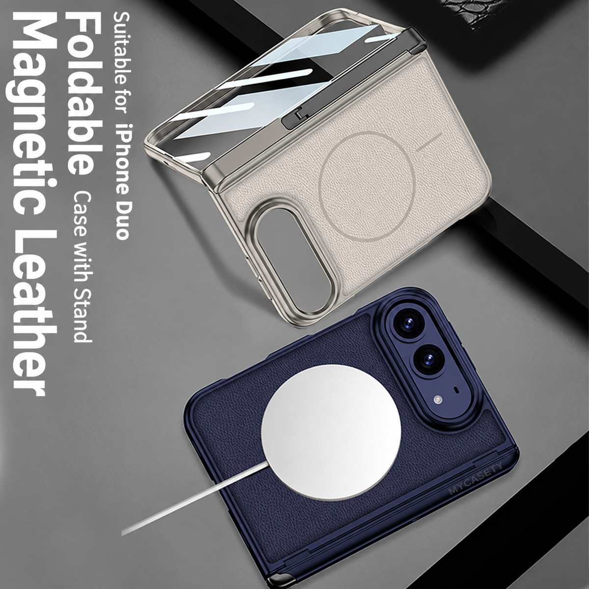 iPhone Duo - Magnetic Hinge Protection Leather Cover Built-in Tempered Glass Film & Tri?Fold Kickstand & Magnetic Ring