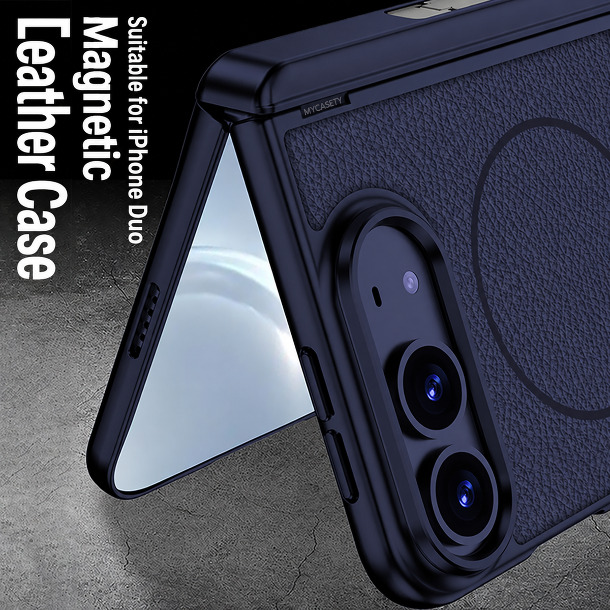 iPhone Duo - Magnetic Hinge Protection Leather Cover Built-in Tempered Glass Film & Tri?Fold Kickstand & Magnetic Ring