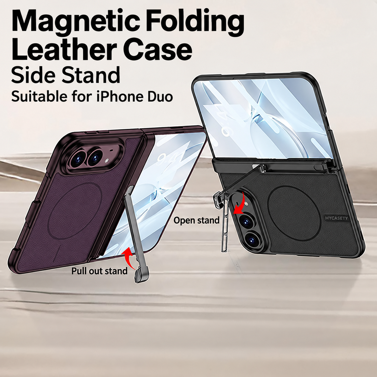 iPhone Duo - Magnetic Hinge Protection Leather Cover Built-in Tempered Glass Film & Tri?Fold Kickstand & Magnetic Ring