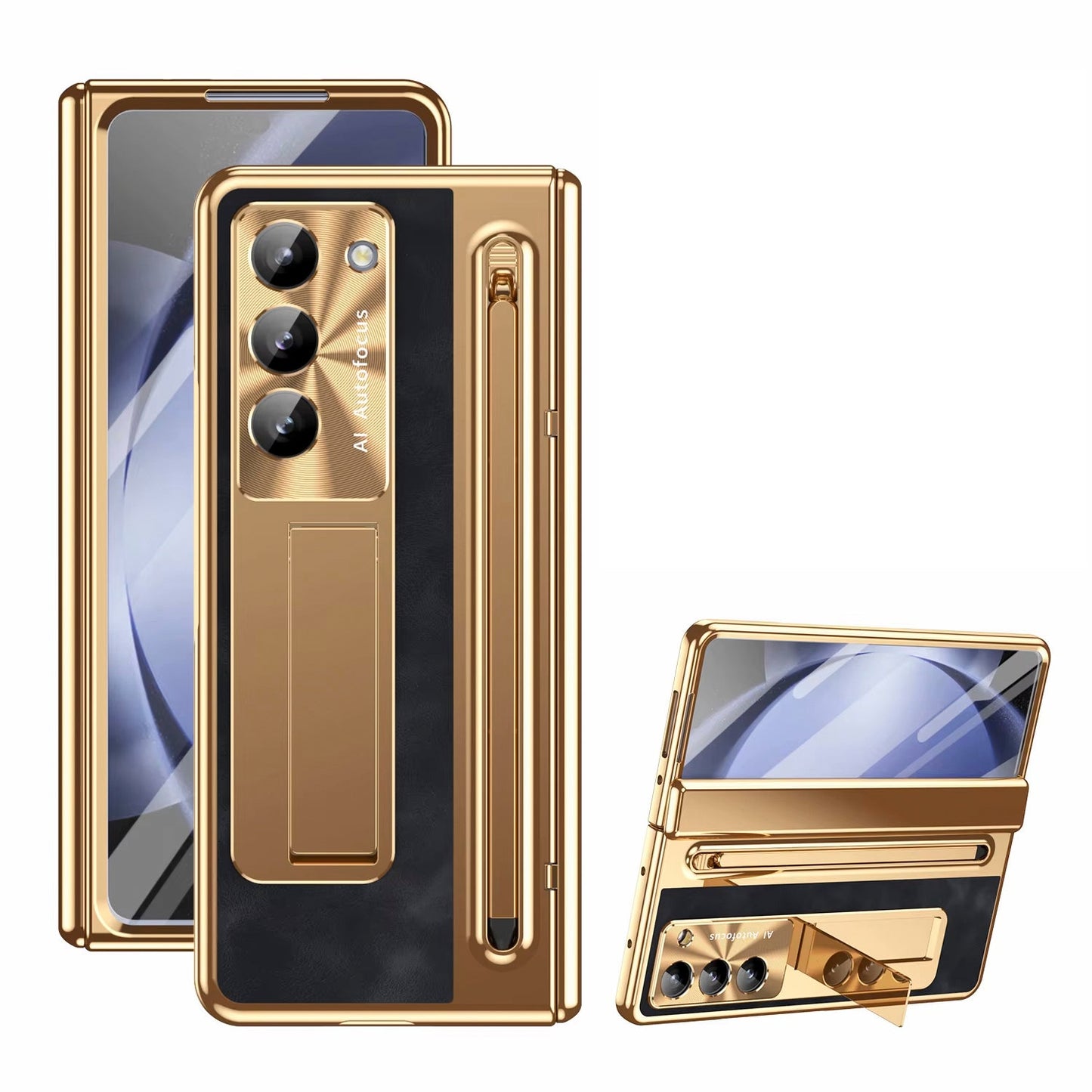 Leather Golden Electroplated Phone Case With Back Screen Glass and Stylus For Galaxy Z Fold 7/6/5/4