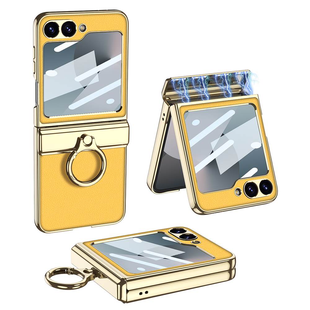 Electroplated Leather Magnetic Hinge Ring Holder Case For Galaxy Z Flip6