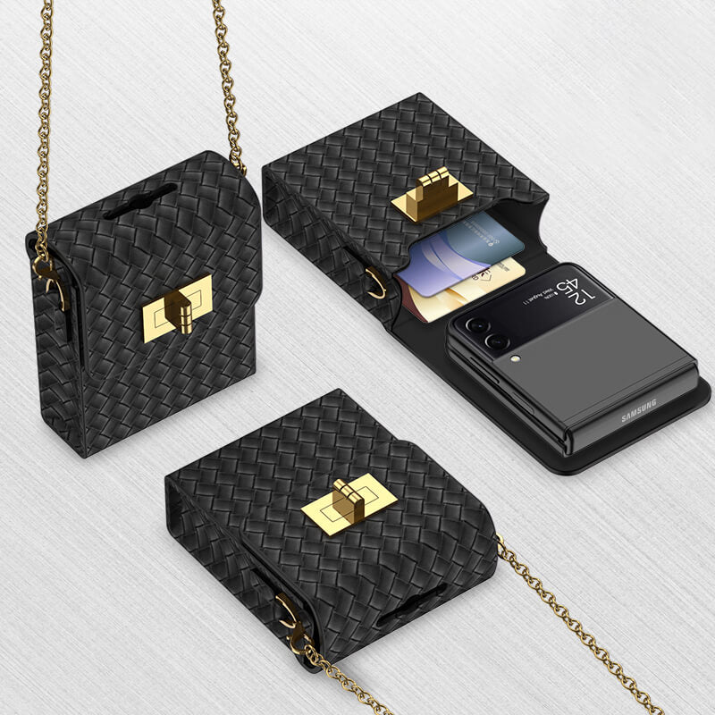 Luxury Leather Mini Phone Bag with Gold Chain For Samsung Galaxy Z Flip 3/4/5