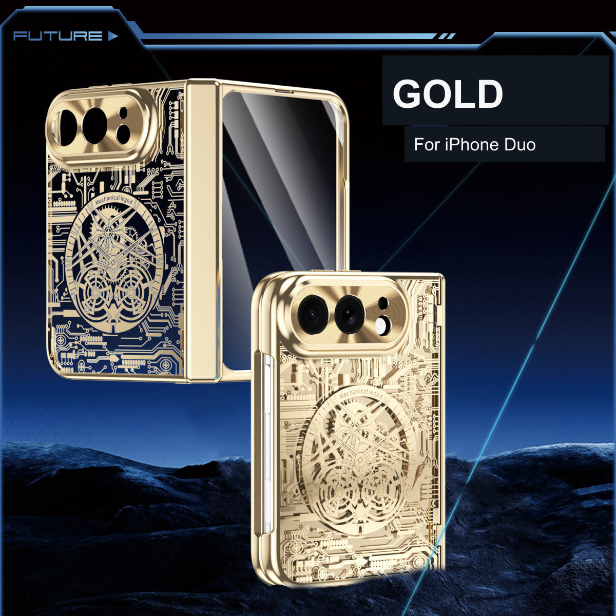 iPhone Duo | Mechanical-Pattern Case Built-in Tempered Glass Film & Hinge Protection