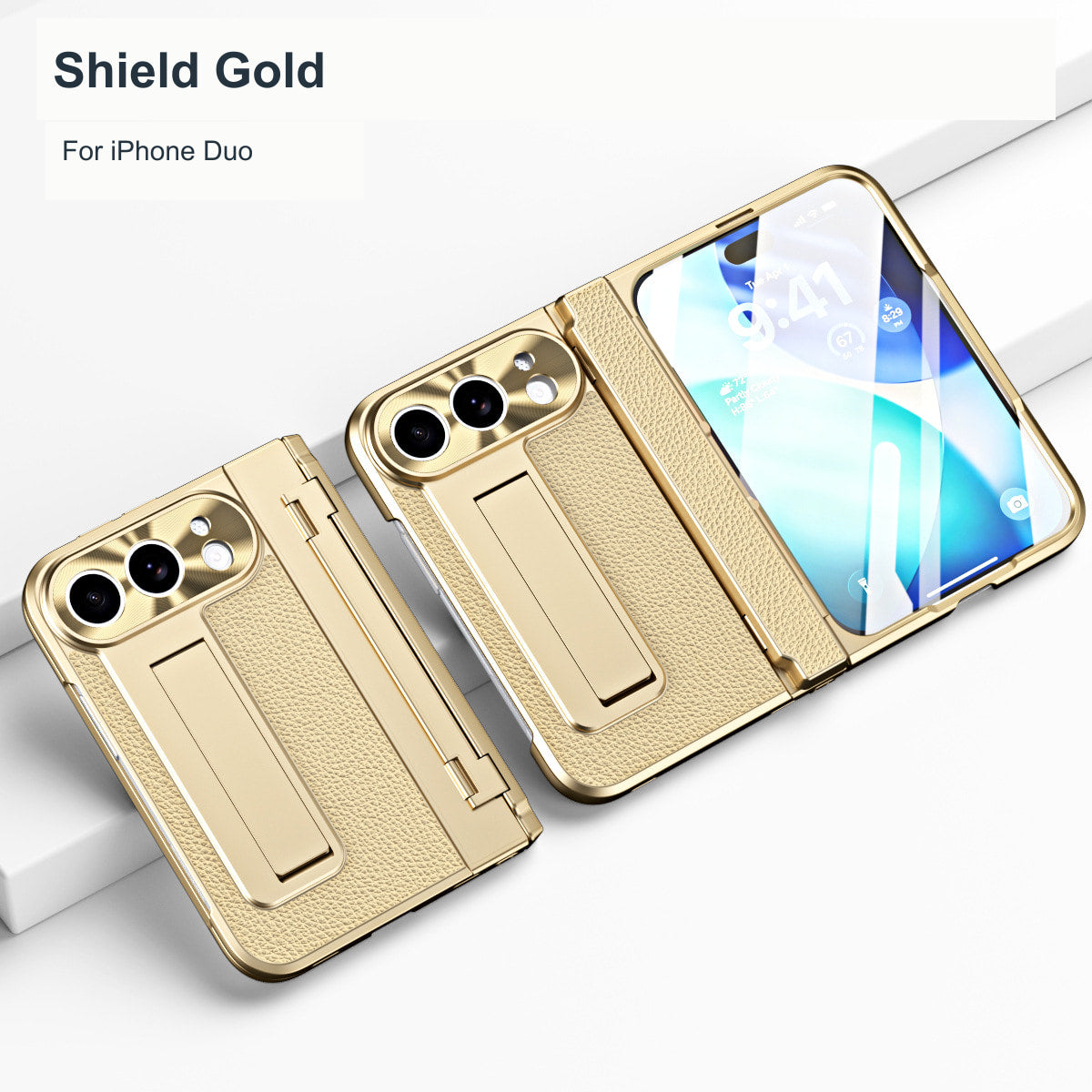 iPhone Duo | Golden Plating Textured Leather Cover with Kickstand & Front Screen Protector