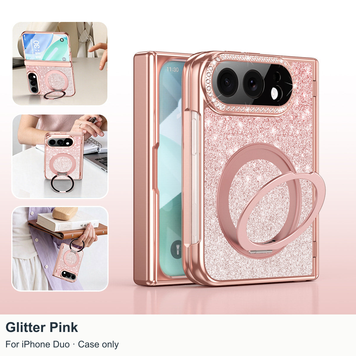 iPhone Duo | Glitter Rhinestone Case Built-in Tempered Glass Film & 360?? Magnetic Ring Stand