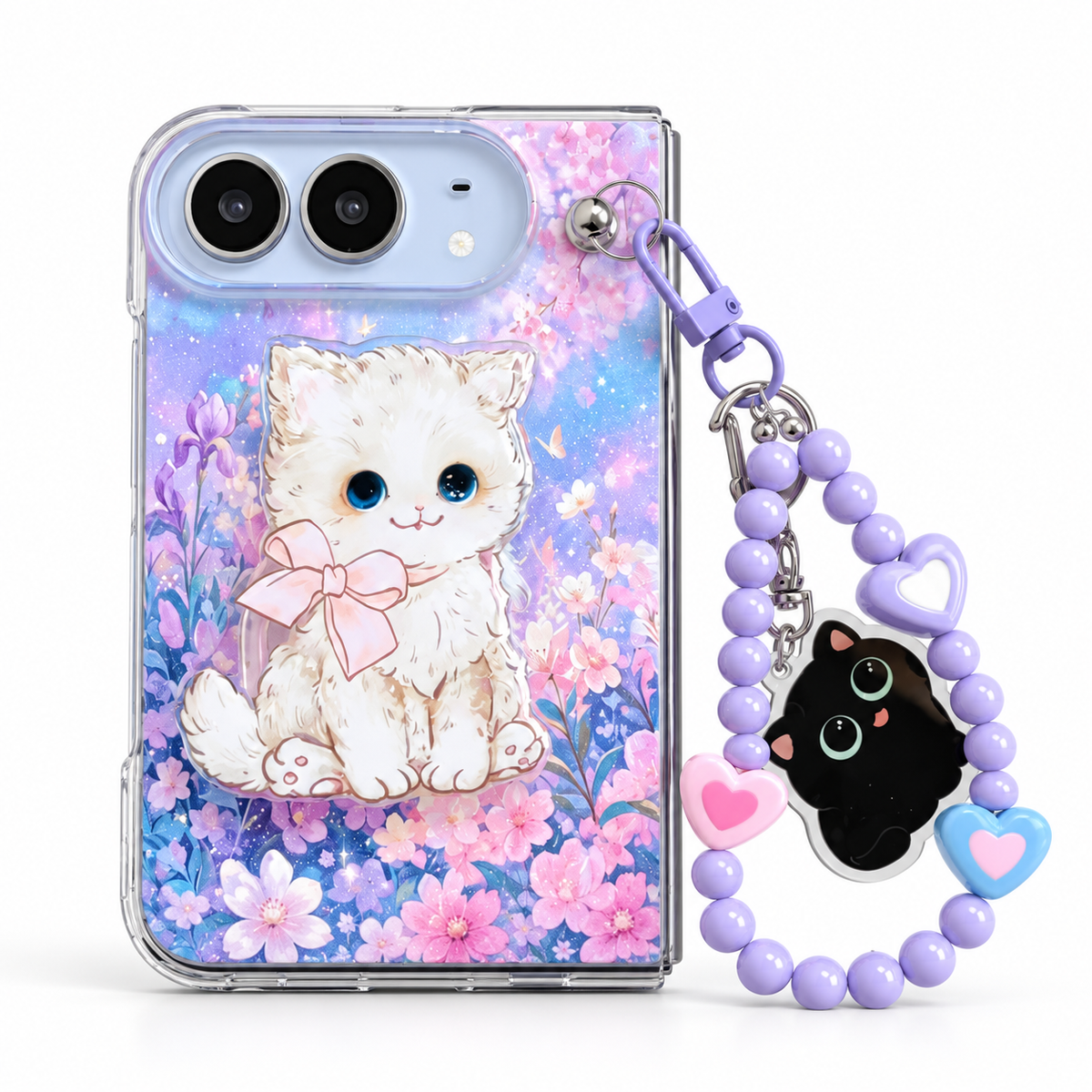 iPhone Duo | Dreamy Kitten Floral Phone Case with Beaded Wrist Strap & Cat Holder