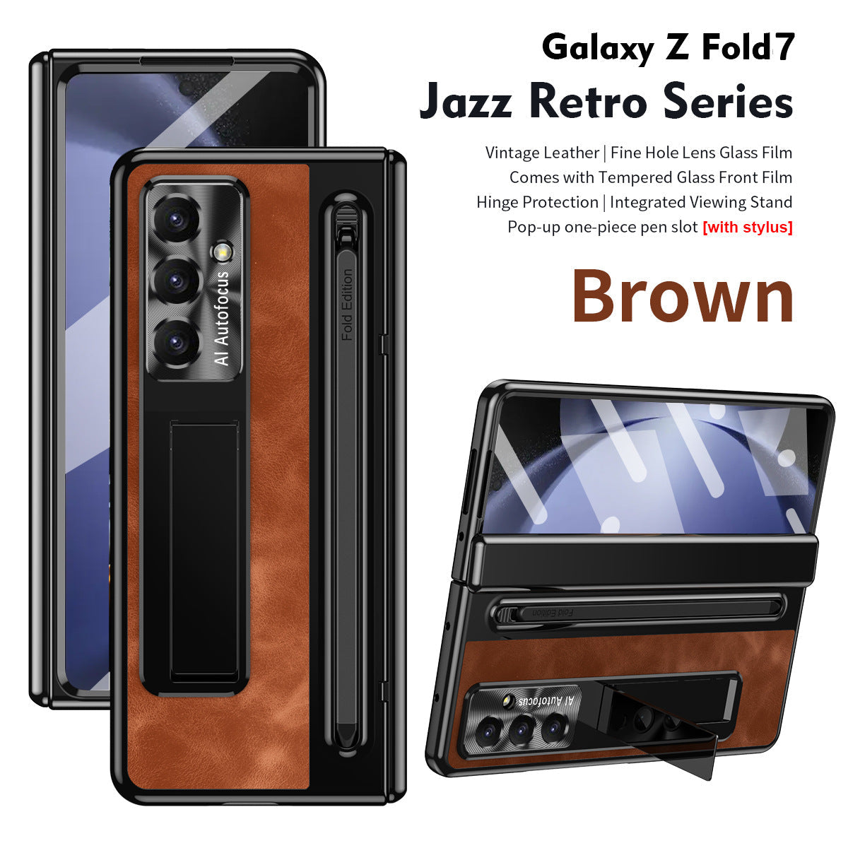 Jazz Retro Style Anyi-fall Protective Leather Phone Case For Galaxy Fold 7/6/5/4 With Front Protection Film And Stylus
