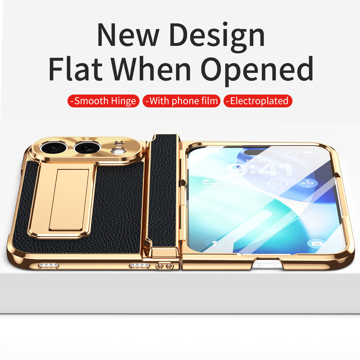 iPhone Duo | Golden Plating Textured Leather Cover with Kickstand & Front Screen Protector
