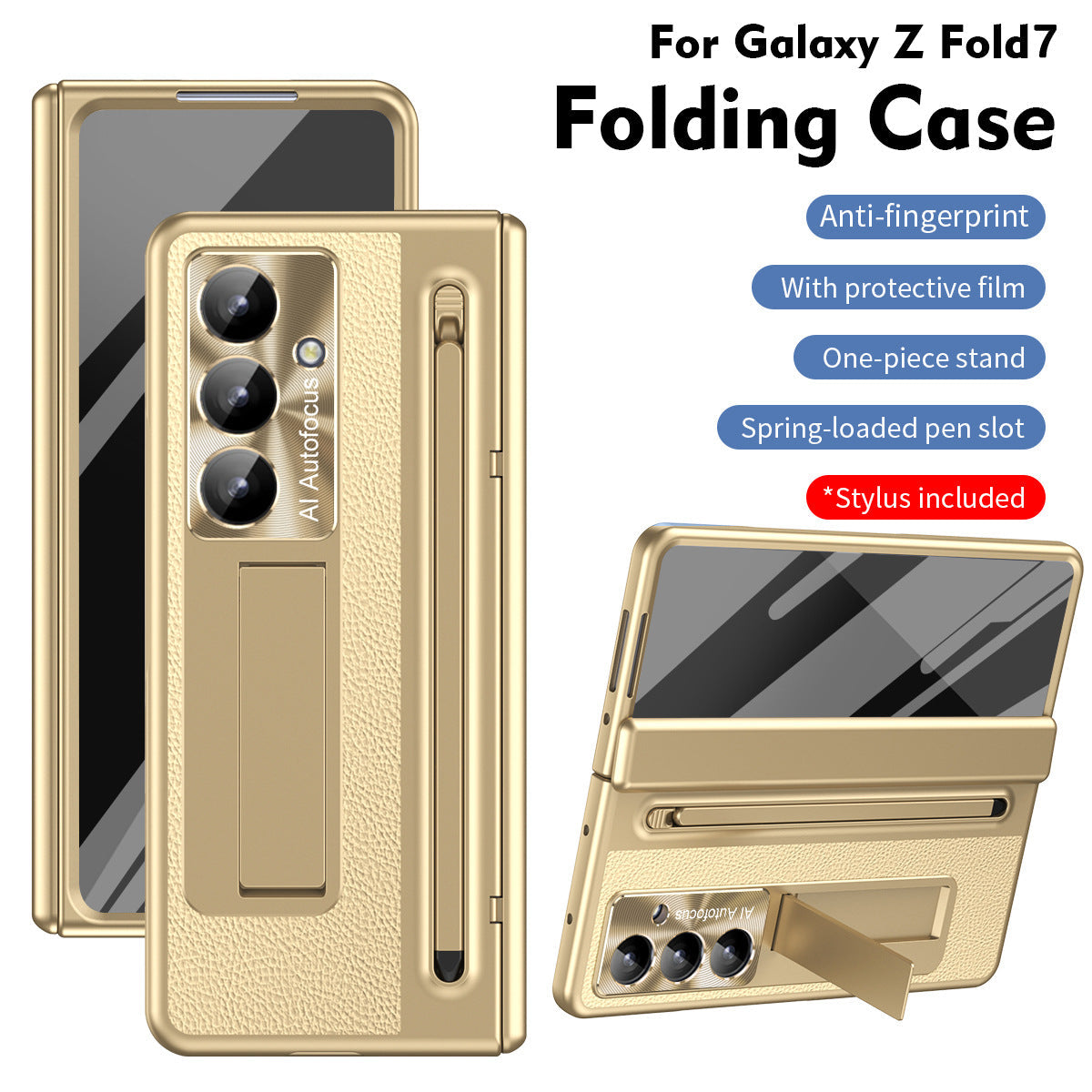 Leather Golden Electroplated Phone Case With Back Screen Glass and Stylus For Galaxy Z Fold 7/6/5/4