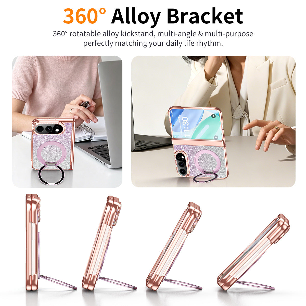iPhone Duo | Glitter Rhinestone Case Built-in Tempered Glass Film & 360?? Magnetic Ring Stand