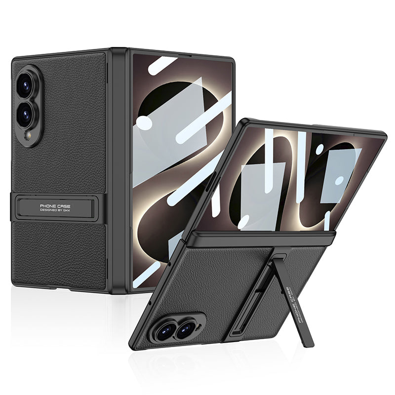 Samsung Galaxy Z Fold8 Magnetic Hinge Leather Kickstand Case with Built-In Screen Protector