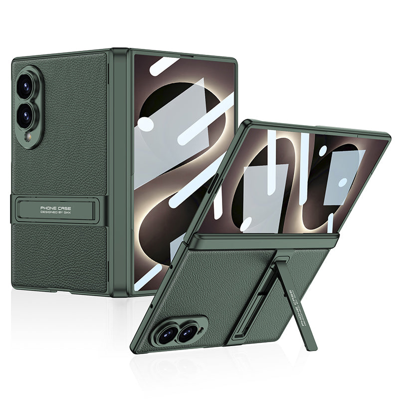 Samsung Galaxy Z Fold8 Magnetic Hinge Leather Kickstand Case with Built-In Screen Protector
