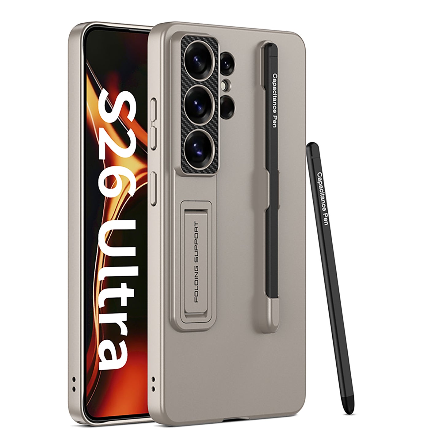 Titanium Gray ultra thin kickstand case with pen slot and stylus for Samsung Galaxy S26 Ultra