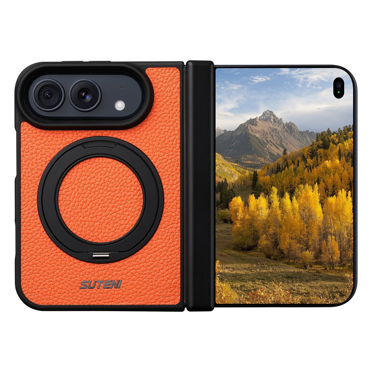 iPhone Duo | Pebbled Magnetic Leather Case with Hinge Protection & 360?? Ring Stand