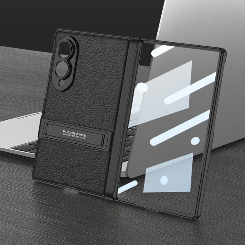 Samsung Galaxy Z Fold8 Magnetic Hinge Leather Kickstand Case with Built-In Screen Protector