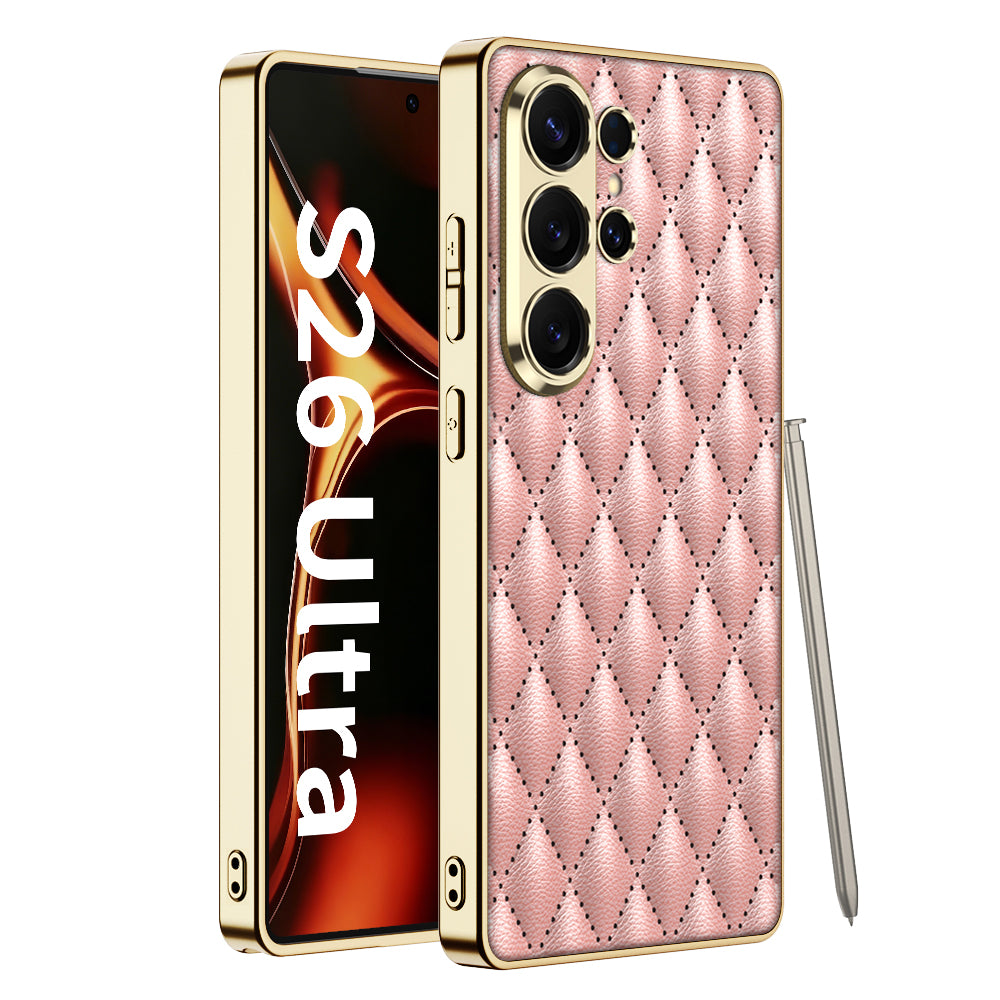 Luxury Diamond Quilted Electroplated Leather Case for Galaxy S26 Ultra