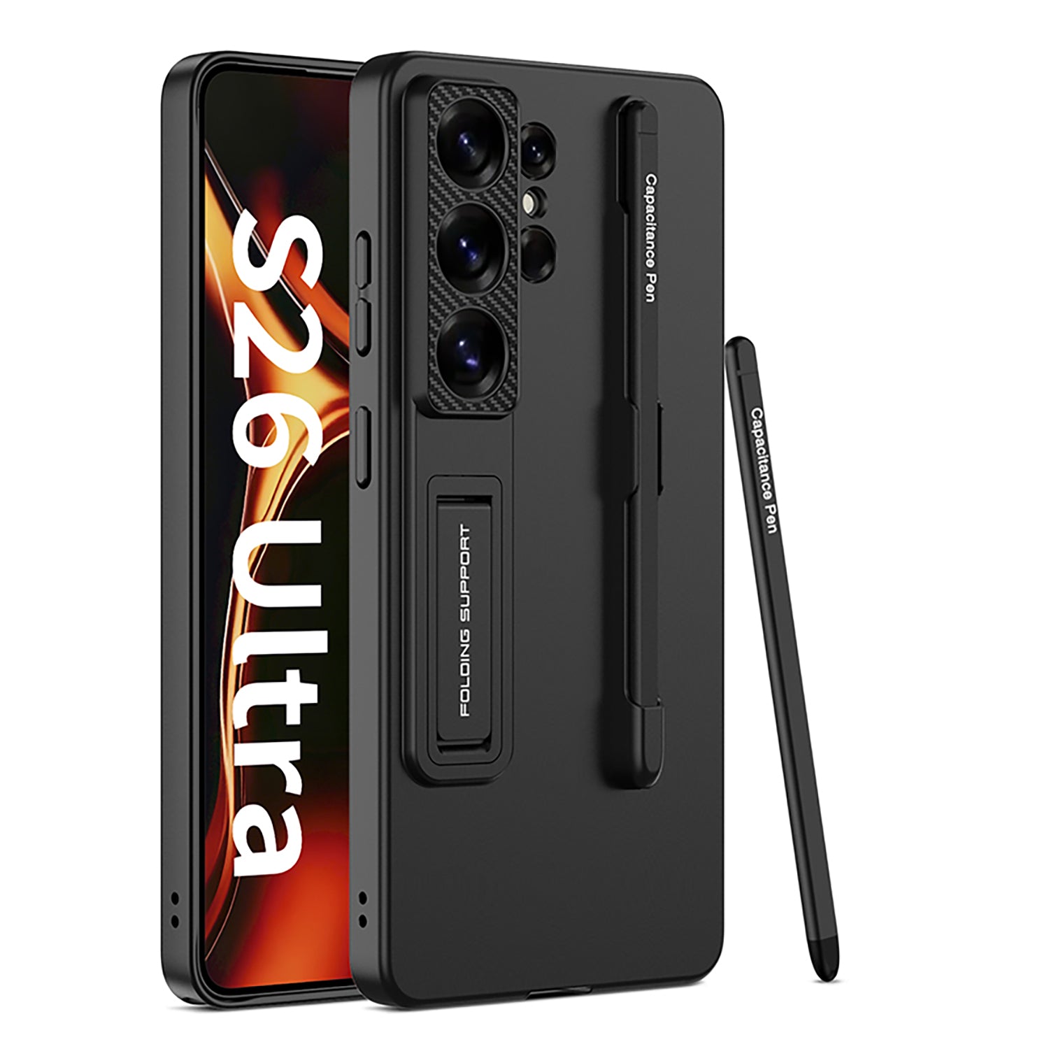 Black ultra thin kickstand case with pen slot and stylus for Samsung Galaxy S26 Ultra