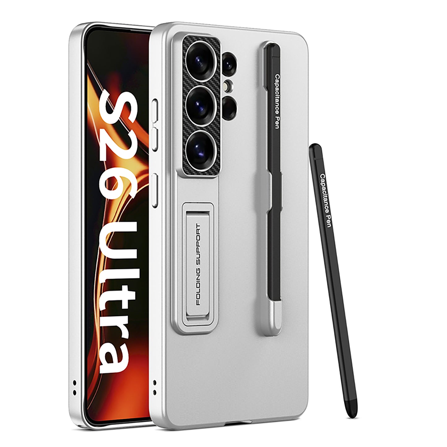 Silver ultra thin kickstand case with pen slot and stylus for Samsung Galaxy S26 Ultra